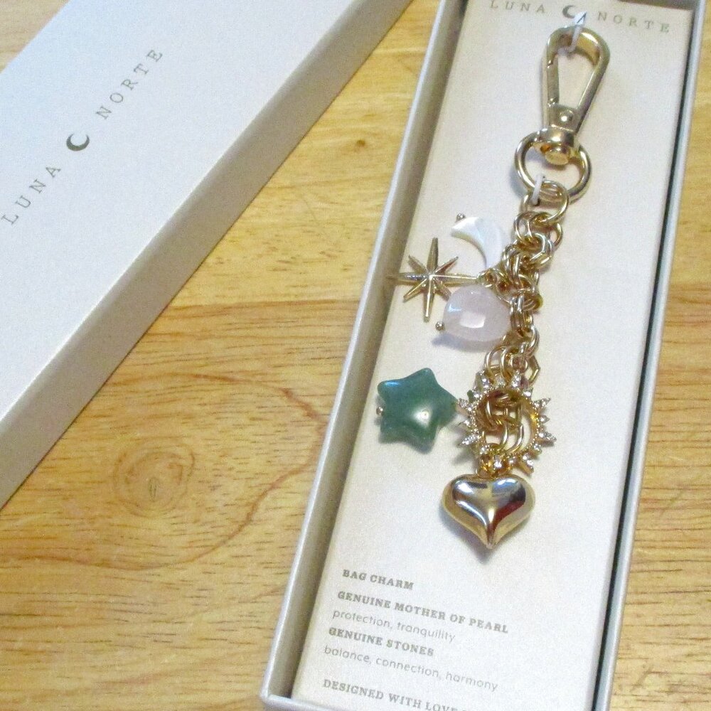 Luna Norte Bag Charm / Key Ring MOP, Rhinestones, Gold Tone Charms NEW In BOX
